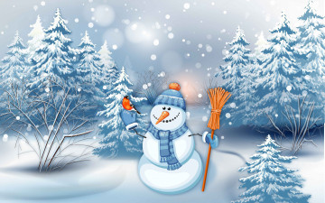 Картинка праздничные векторная+графика+ новый+год снеговик фон лес