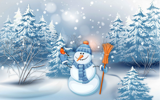 Обои картинки фото праздничные, векторная графика , новый год, снеговик, фон, лес