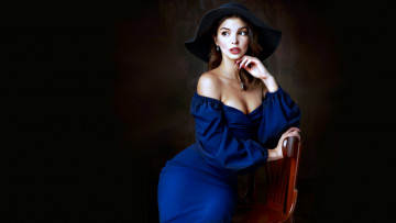Картинка девушки -unsort+ брюнетки темноволосые синее платье женщина шляпа темный фон
