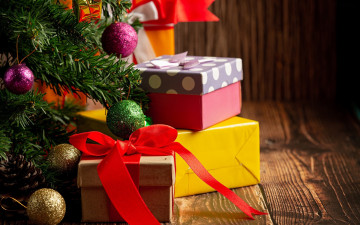 обоя праздничные, подарки и коробочки, шарики, подарки, елка