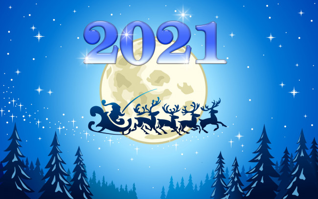 Обои картинки фото праздничные, векторная графика , новый год, год, луна, олени, санта, клаус, лес, небо