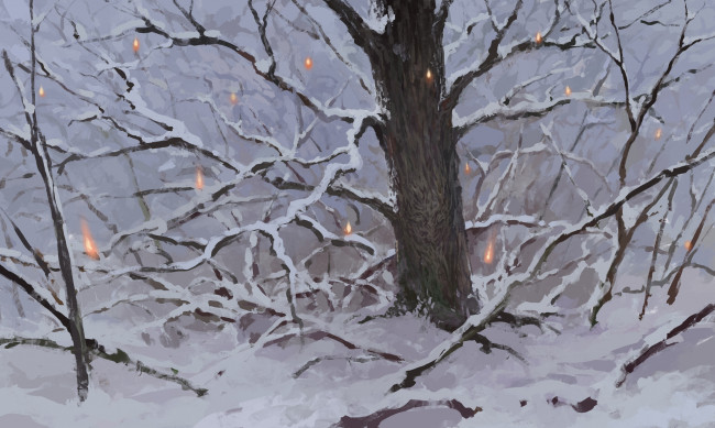 Обои картинки фото рисованное, природа, дерево, лес, снег, зима, огоньки
