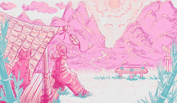 Картинка рисованное люди девушка дом кот фонарь горы двор