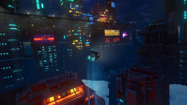 Обои картинки фото видео игры, cloudpunk, город, огни, дождь, транспорт
