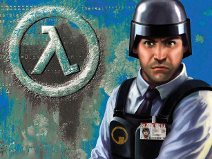 обоя видео игры, half-life, значок, мужчина, шлем