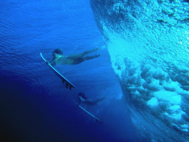 Обои картинки фото surfer, girls, duck, diving, спорт, серфинг