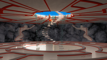 Картинка 3д графика fantasy фантазия проём ступени лестница накидка статуи линии девушка вода