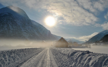 Картинка природа дороги сугробы горы дорога снег