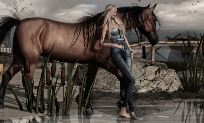 Обои картинки фото 3д, графика, people, люди, камыш, лошадь, девушка, река