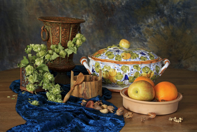 Обои картинки фото еда, натюрморт, яблоко, апельсин, хмель, супница