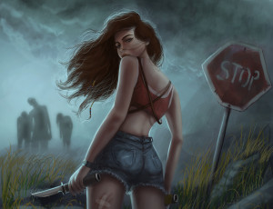 Картинка фэнтези девушки мертвецы девушка нож шорты знак зомби