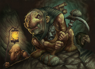 Картинка фэнтези существа фонарь пещера кирка колокольчик свитки рудокопы гномы