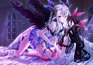 Картинка by+mizumori+mike аниме -angels+&+demons демон крылья ангел девушки ночь кровать бантик рога объятия окно перья