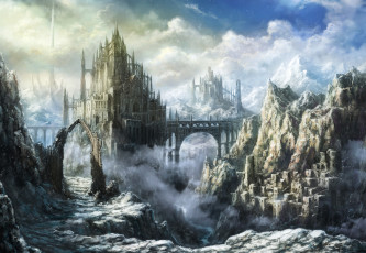 Картинка фэнтези замки замок облака арка дымка акведуки горы ущелье