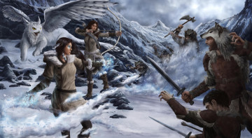 Картинка фэнтези люди мужчины варвары грифон снег горы лук меч девушки