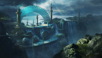 Картинка фэнтези иные+миры +иные+времена купола город будущее озеро башни водопад винты скалы