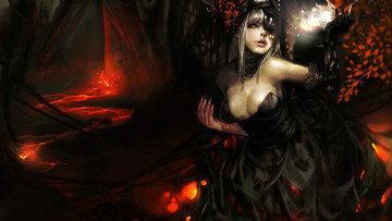 Картинка фэнтези магия лава длинные ногти бусы девушка платье украшения для волос черное