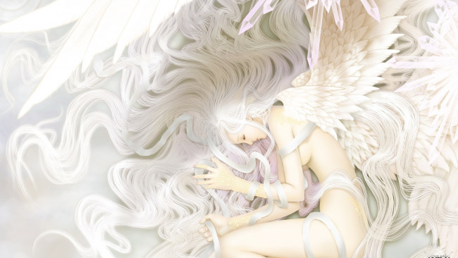 Обои картинки фото фэнтези, ангелы, перья, девушка, wen-m, крылья