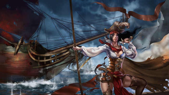 Обои картинки фото фэнтези, девушки, пиратка, корабль, девушка, оружие
