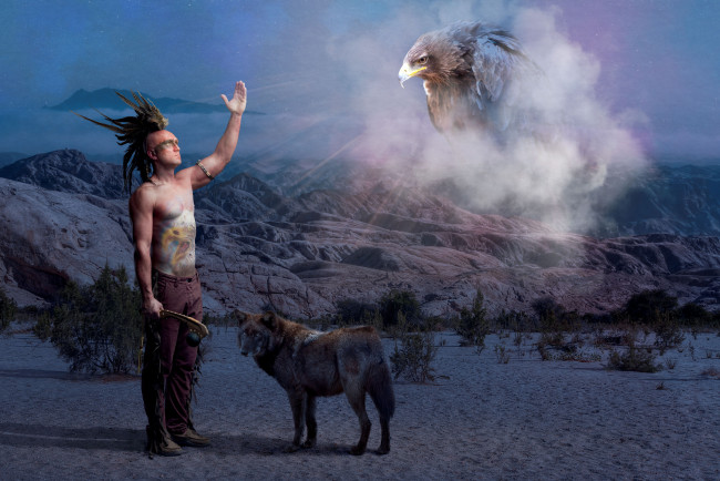 Обои картинки фото фэнтези, люди, птица, орёл, волк, индеец, пустыня