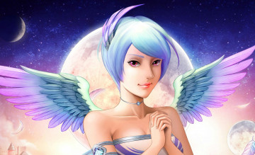 Картинка фэнтези ангелы девушка птица крылья вечер луна