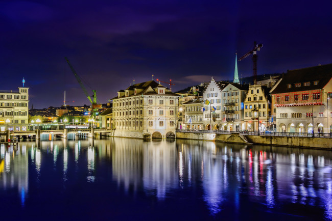 Обои картинки фото gockhausen швейцария, города, - огни ночного города, огни, ночь, река, дома, швейцария, gockhausen