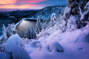 Картинка природа горы закат зима озеро холмы