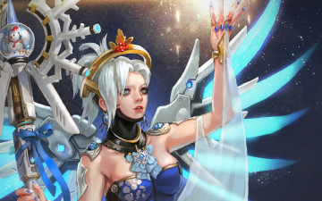 Картинка видео+игры overwatch доктор angela ziegler рождество mercy зима ангел посох праздник новый год девушка