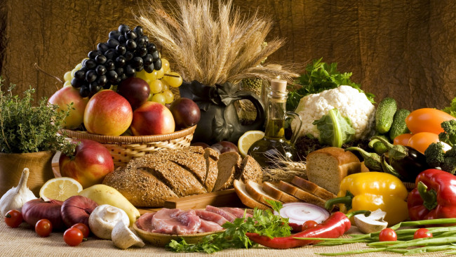 Обои картинки фото еда, разное, хлеб, овощи, мясо, фрукты, масло