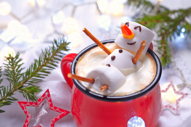 Обои картинки фото праздничные, угощения, какао, зефир, снеговик