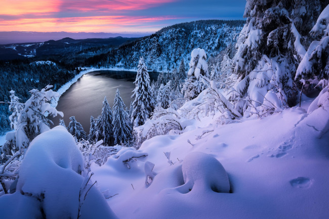 Обои картинки фото природа, горы, закат, зима, озеро, холмы
