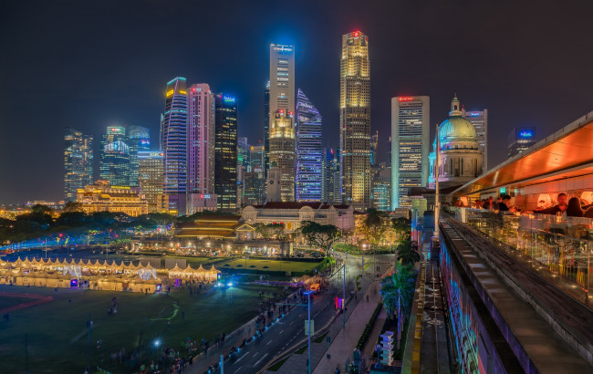 Обои картинки фото singapore, города, сингапур , сингапур, ночь, огни, панорама
