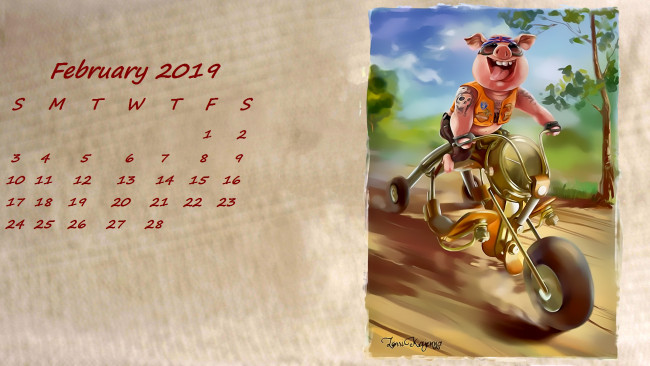Обои картинки фото календари, рисованные,  векторная графика, байкер, тачка, свинья, очки, поросенок