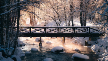 обоя природа, зима, холод, мост, снег
