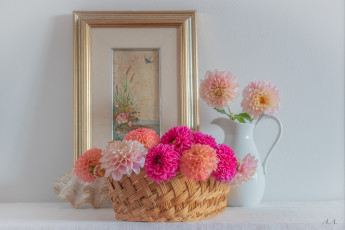 Картинка цветы георгины георгин букет картина ваза