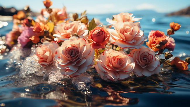 Обои картинки фото 3д графика, цветы , flowers, вода, цветы, розы, букет, ии-арт, нейросеть