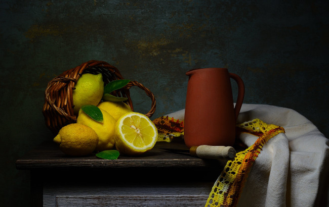 Обои картинки фото еда, цитрусы, натюрморт, лимон, ткань, фон