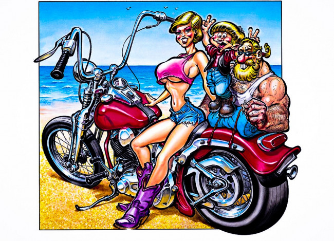 Обои картинки фото рисованное, люди, мотоцикл, девушка, мужчина, ребенок