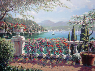 Картинка terrace in bellagio рисованные bob pejman белладжио боб пейман живопись italy италия город озеро цветы
