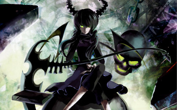 Картинка аниме black rock shooter девушка демон рога череп коса смерти темнота