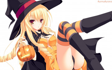 Картинка аниме halloween magic девушка костюм тыква хелуин