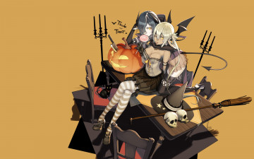 Картинка аниме halloween magic ведьма демон кошка хелуин стол тыква шляпа метла нож рога конфета