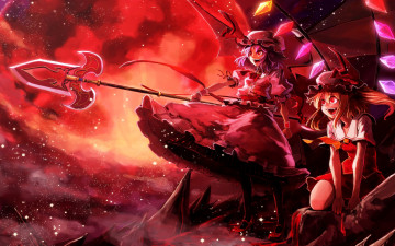Картинка аниме touhou закат фландрэ ремилия демоны крылья оружие кровавая луна
