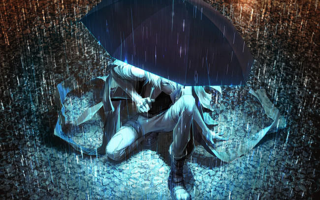 Обои картинки фото аниме, *unknown, другое, круги, лужи, взгляд, сияние, дождь, парень, зонт