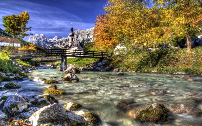 Обои картинки фото природа, реки, озера, река, мост, деревья, камни, горы, осень