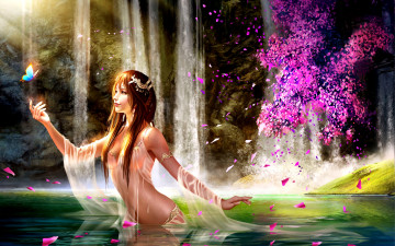 Картинка фэнтези девушки девушка вода бабочка водопад