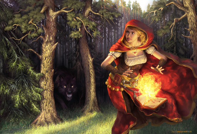Обои картинки фото фэнтези, магия, лес, скалится, девушка, огонь, волк, хищник, шар, книга, арт, красная, шапочка, плащ, деревья