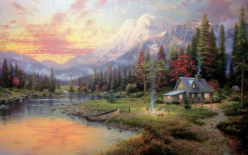 Картинка evening majesty рисованные thomas kinkade горы дом колодец река лодка костер живопись