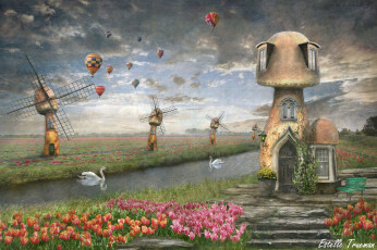 Картинка фэнтези фотоарт грибы мельницы лебеди