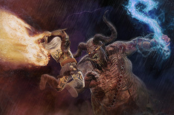Картинка видео+игры diablo+iii +reaper+of+souls человек дождь существо рога игра арт бой пламя цепь монстр